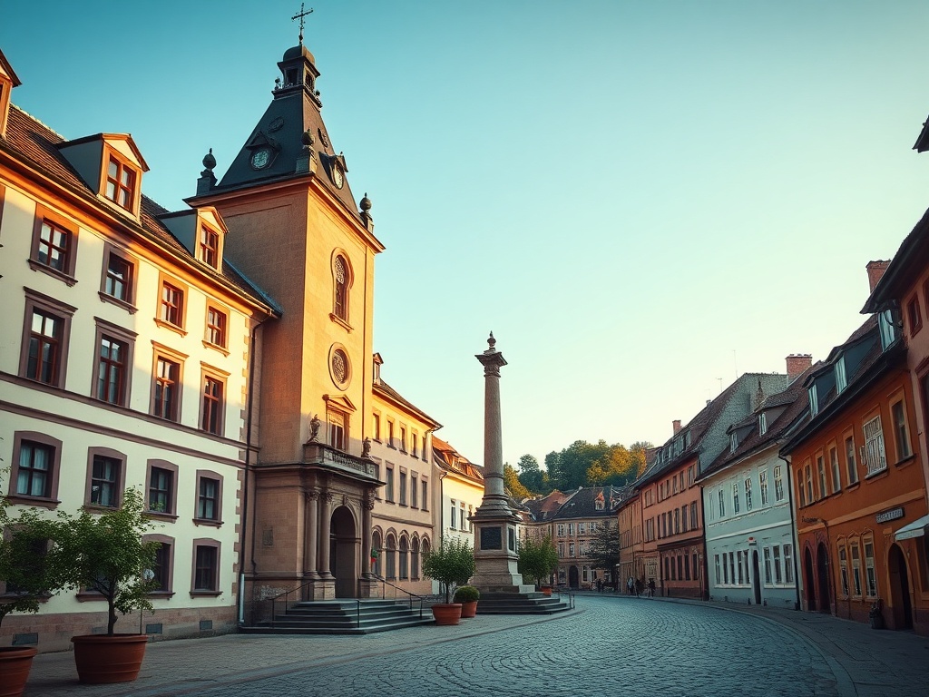 Panamatyczna perspektywa miasta Gozdnica o zachodzie słońca, symbolizująca bogatą historię i dziedzictwo miasta