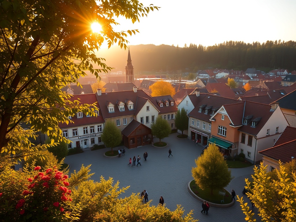 Malowniczy krajobraz Gozdnicy wiosną z zielonymi drzewami i rzeką Nysą w tle.