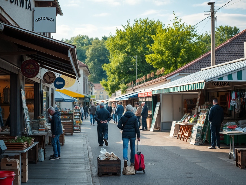 Widok na rynek w Gozdnicy z kolorowymi kamienicami i placem miejskim.