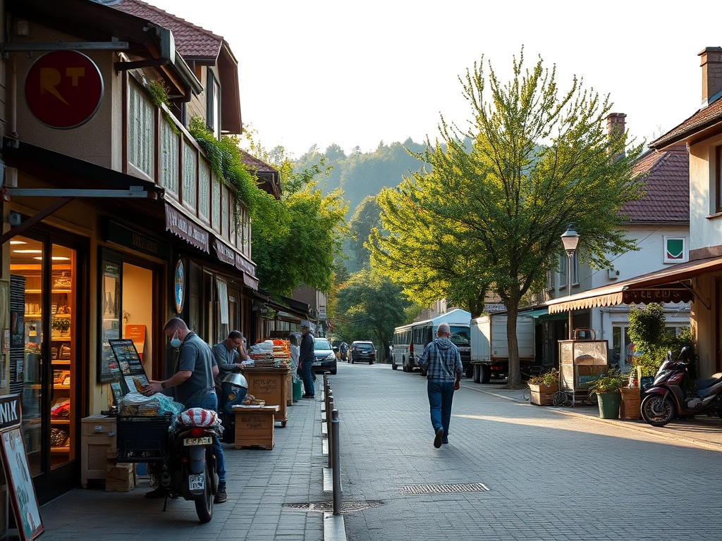 Widok na rynek w Gozdnicy z zaznaczonymi budynkami mieszkalnymi i usługowymi.