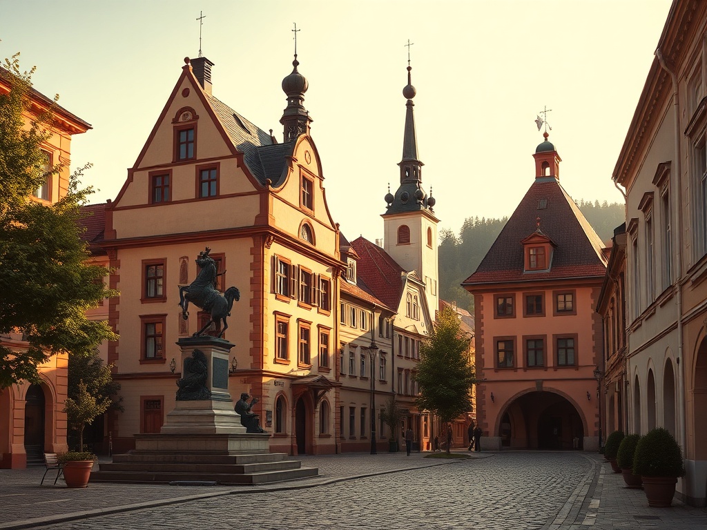 Widok na główną ulicę Gozdnicy z historyczną zabudową i elementami współczesnymi.